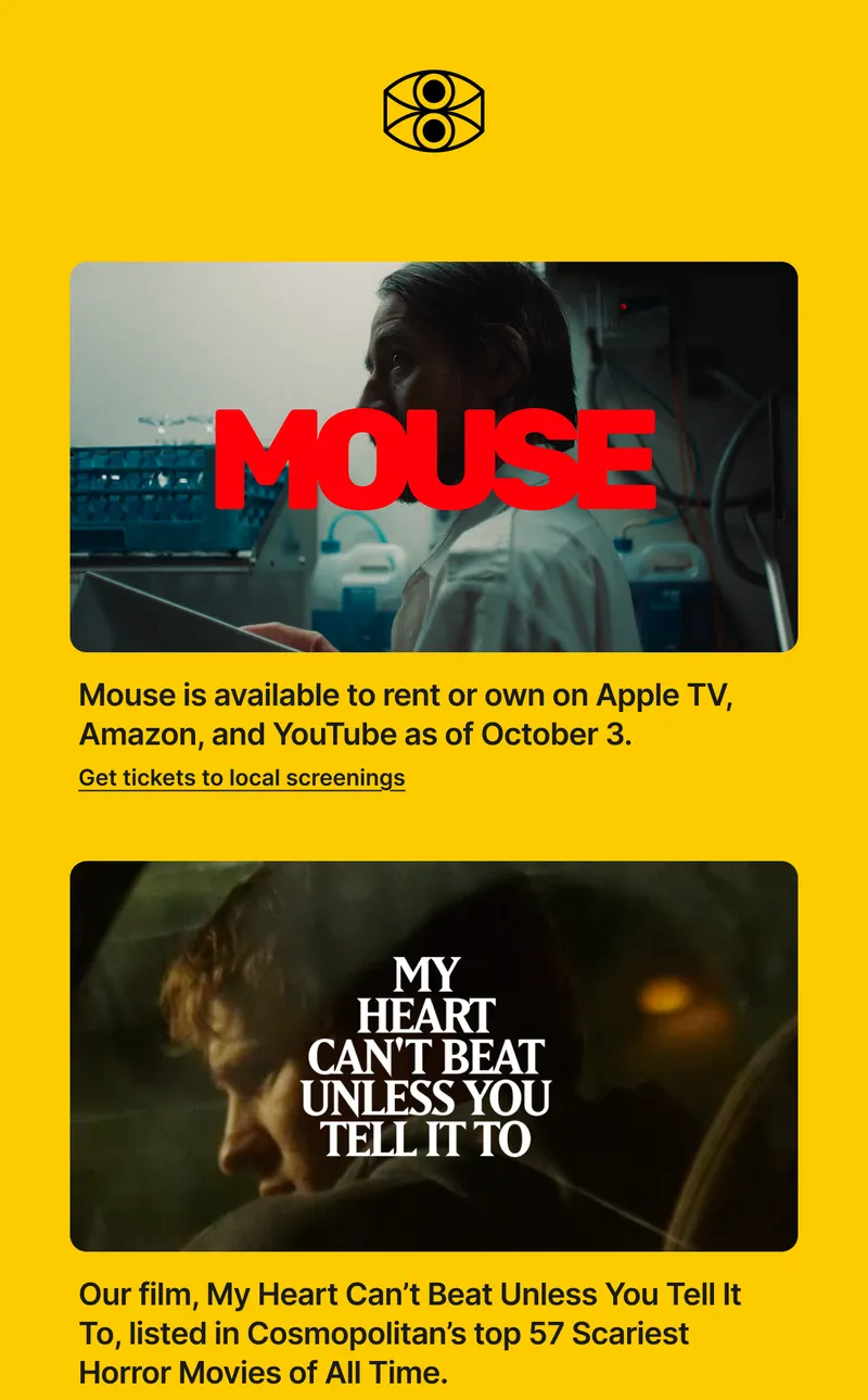 A film studio's newsletter announcing the movie Mouse on a yellow background.