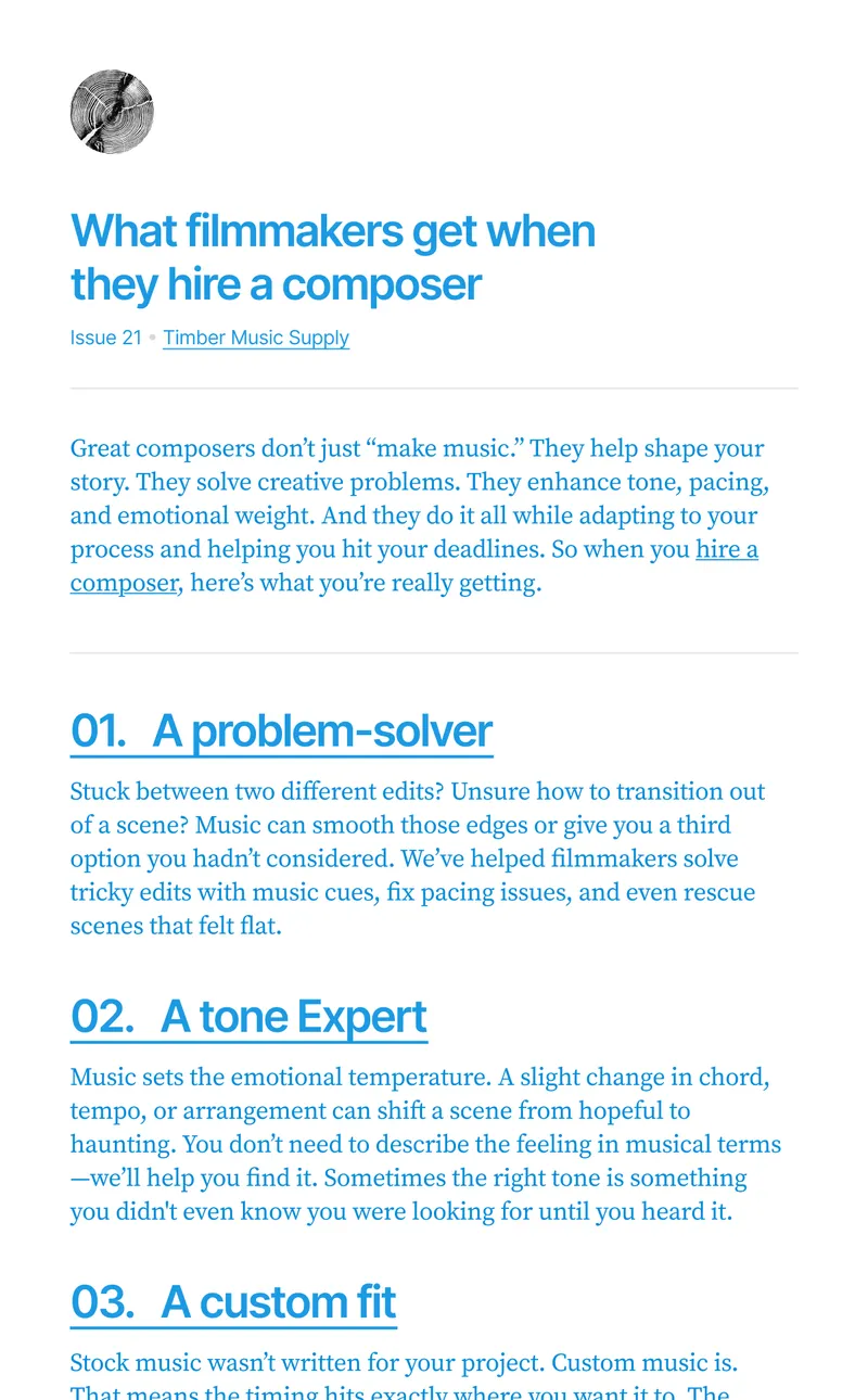 A newsletter titled What filmmakers get when they hire a composer.
