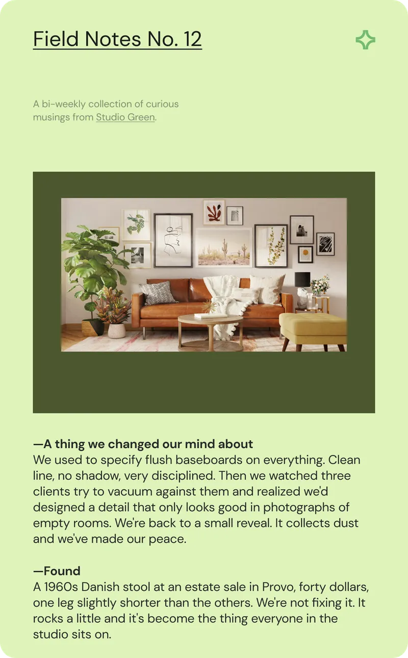 A design studio's Field Notes newsletter, with a photographed living room, on a pale green background.
